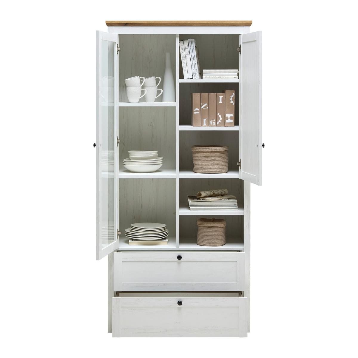 Vitrine Korsika Eichefarben/Weiß - Eichefarben/Schwarz, ROMANTIK / LANDHAUS, Glas/Holzwerkstoff (90/195/43cm) - Mömax