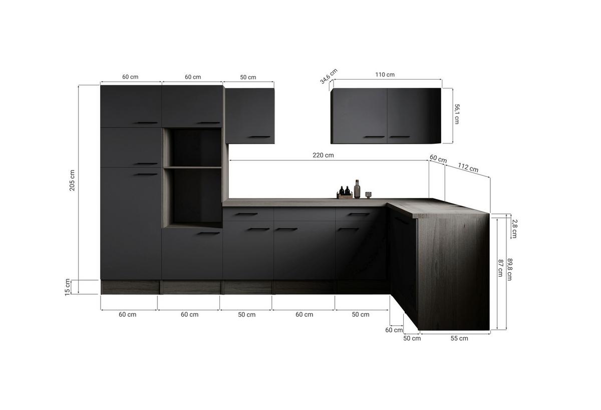 Kotna Kuhinja Brez Aparatov Oliver, 340x172cm - črna/siva, Design, kovina/leseni material (340/172cm) - Respekta