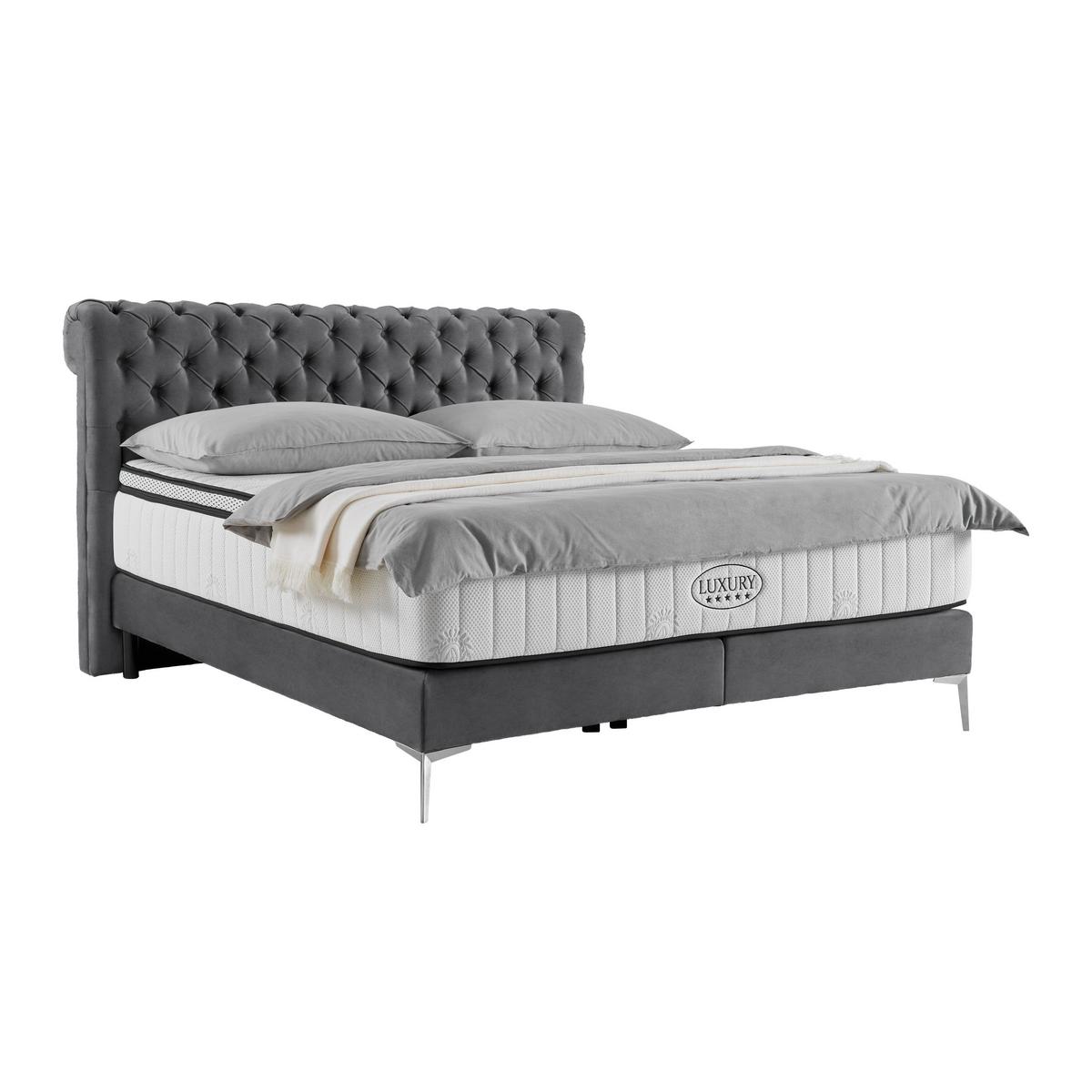 Boxspringbett Queen in Anthrazit ca. 180x200cm - Chromfarben/Anthrazit, KONVENTIONELL, Textil (180/200cm) - Premium Living