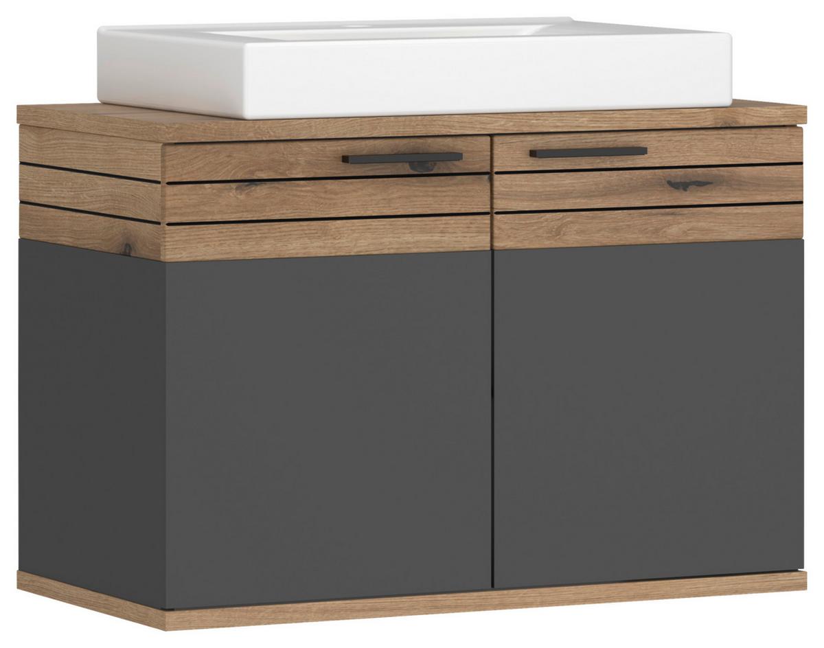 Bază cu lavoar Cotia - alb/culoare lemn stejar, Modern, ceramică/material pe bază de lemn (80/57/48cm) - James Wood