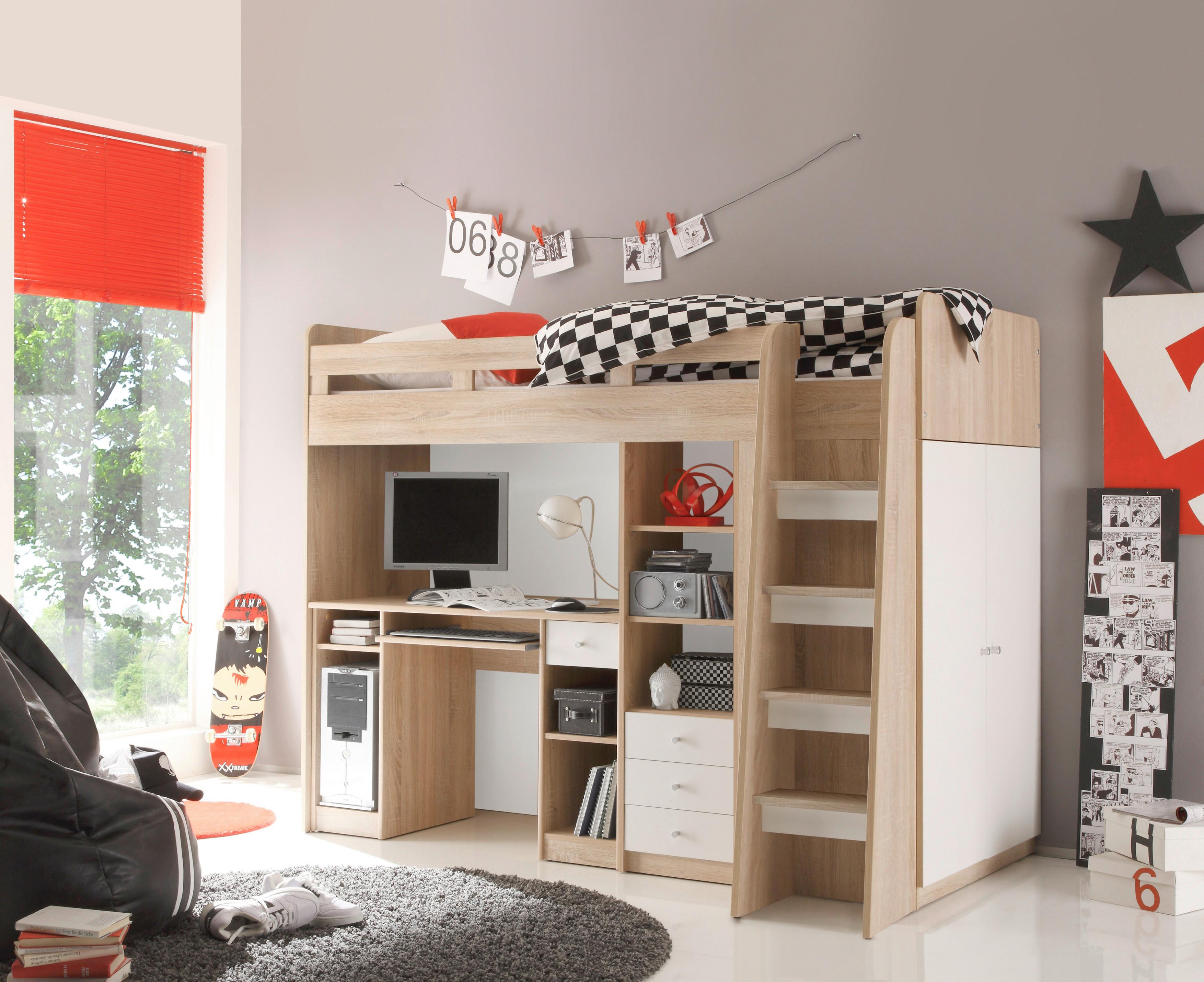 Visoka Postelja Unit, Barva Hrasta, Bela, 90x200 - barve hrasta/bela, Moderno, leseni material (90/200cm) - MID.YOU