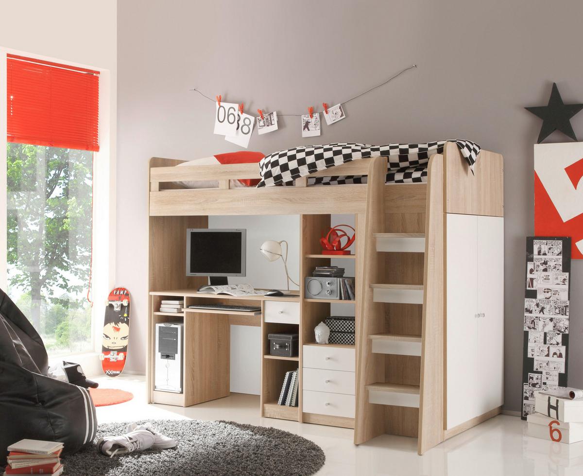 Visoka Postelja Unit, Barva Hrasta, Bela, 90x200 - barve hrasta/bela, Moderno, leseni material (90/200cm) - MID.YOU