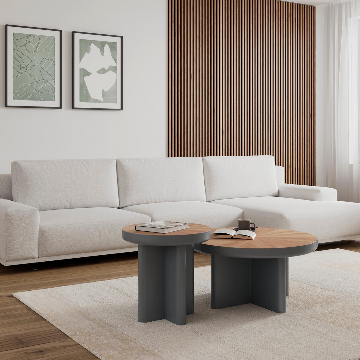 Couchtisch Viola Grau/Eichefarben 2er Set Rund - Eichefarben/Grau, MODERN, Holz/Holzwerkstoff (80/50/80/50/41/51cm) - Bessagi Home