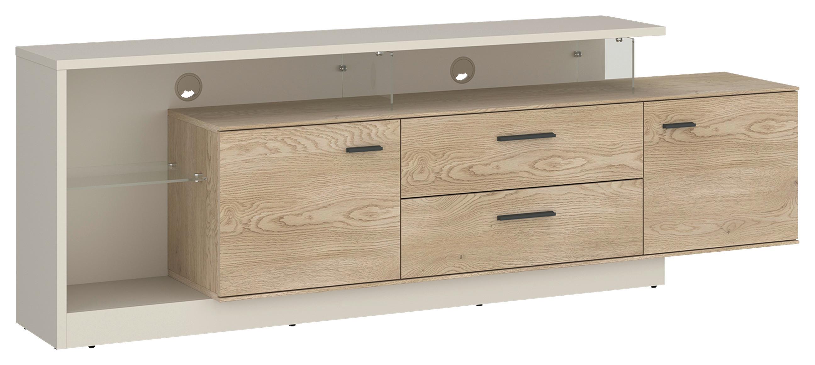 Comodă TV LAGOON - cașmir/culoare lemn stejar, Modern, sticlă/material pe bază de lemn (191,5/65,5/39,9cm) - Modern Living