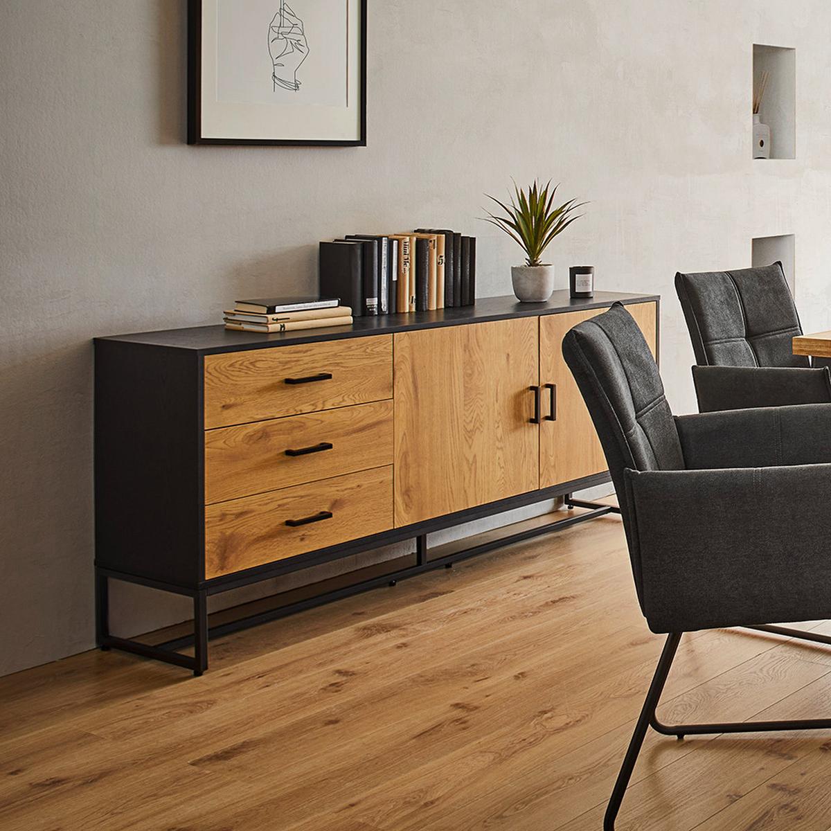 Sideboard Giorgia Eichefarben/Schwarz MDF - Eichefarben/Schwarz, MODERN, Holzwerkstoff/Metall (160/75/40cm) - Bessagi Home