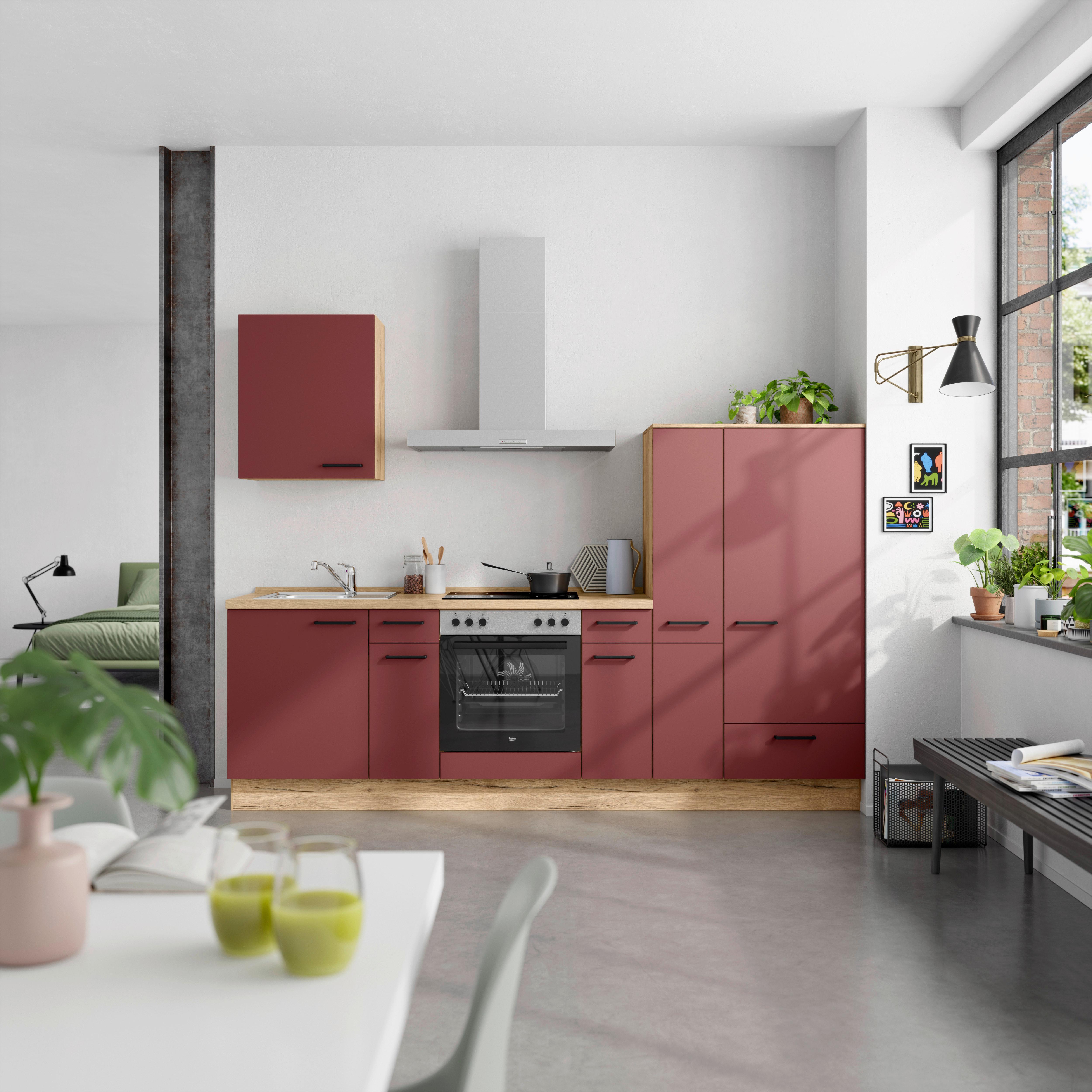 Küchenblock Easytouch Low m. Geräten Dunkelrot - Eichefarben/Schwarz, MODERN, Holzwerkstoff/Metall (270cm) - Nobilia