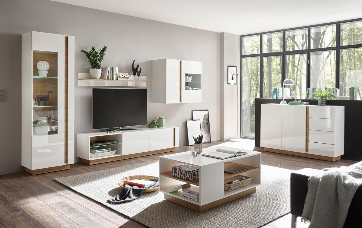 Wohnwand Clair Weiß/Eichefarben - Eichefarben/Weiß, Design, Glas/Holzwerkstoff (315/194/40cm) - MID.YOU