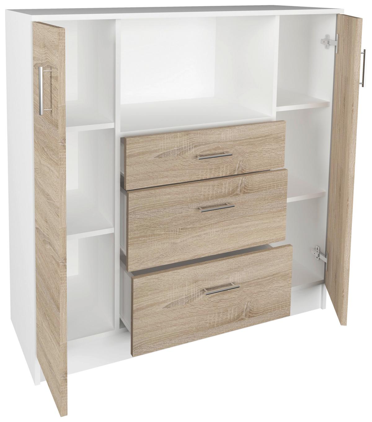 Kredenca Esilo, Hrast, Bela - bela/barve aluminija, Design, kovina/leseni material (109/110/40cm) - MID.YOU