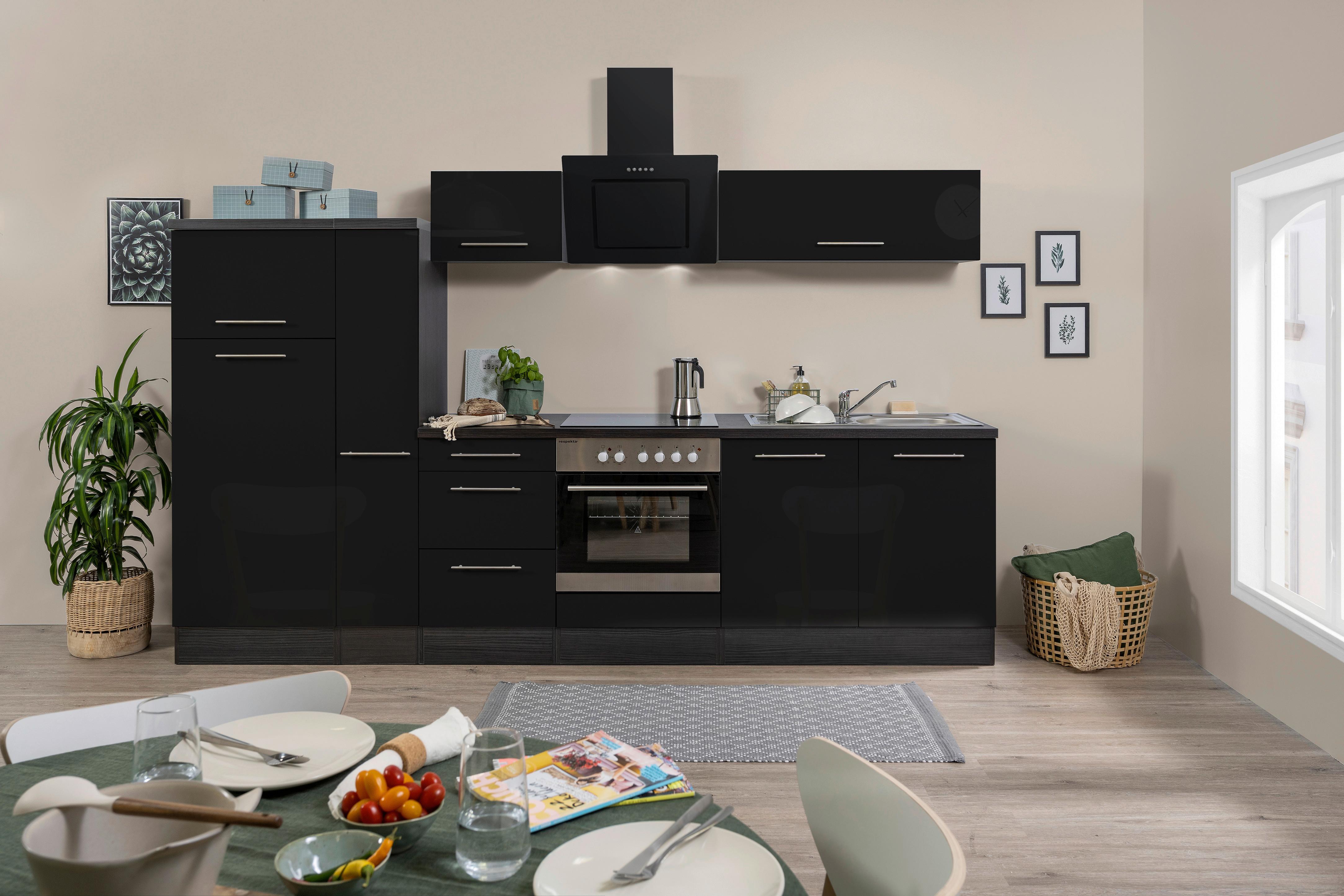 Küchenzeile mit Geräte Schwarz Hochglanz B: ca. 300 cm - Edelstahlfarben/Eichefarben, Basics, Holzwerkstoff/Metall (300cm) - Respekta