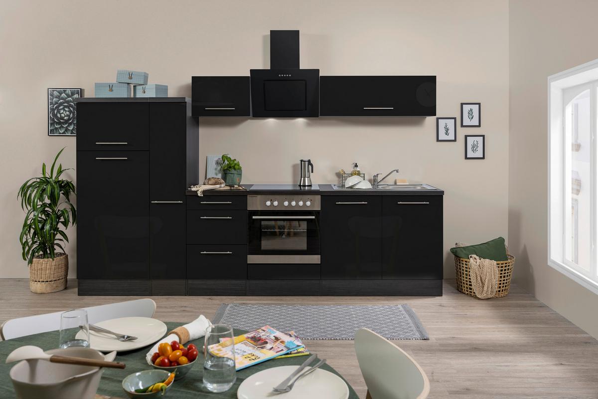 Küchenzeile mit Geräte Schwarz Hochglanz B: ca. 300 cm - Edelstahlfarben/Eichefarben, Basics, Holzwerkstoff/Metall (300cm) - Respekta