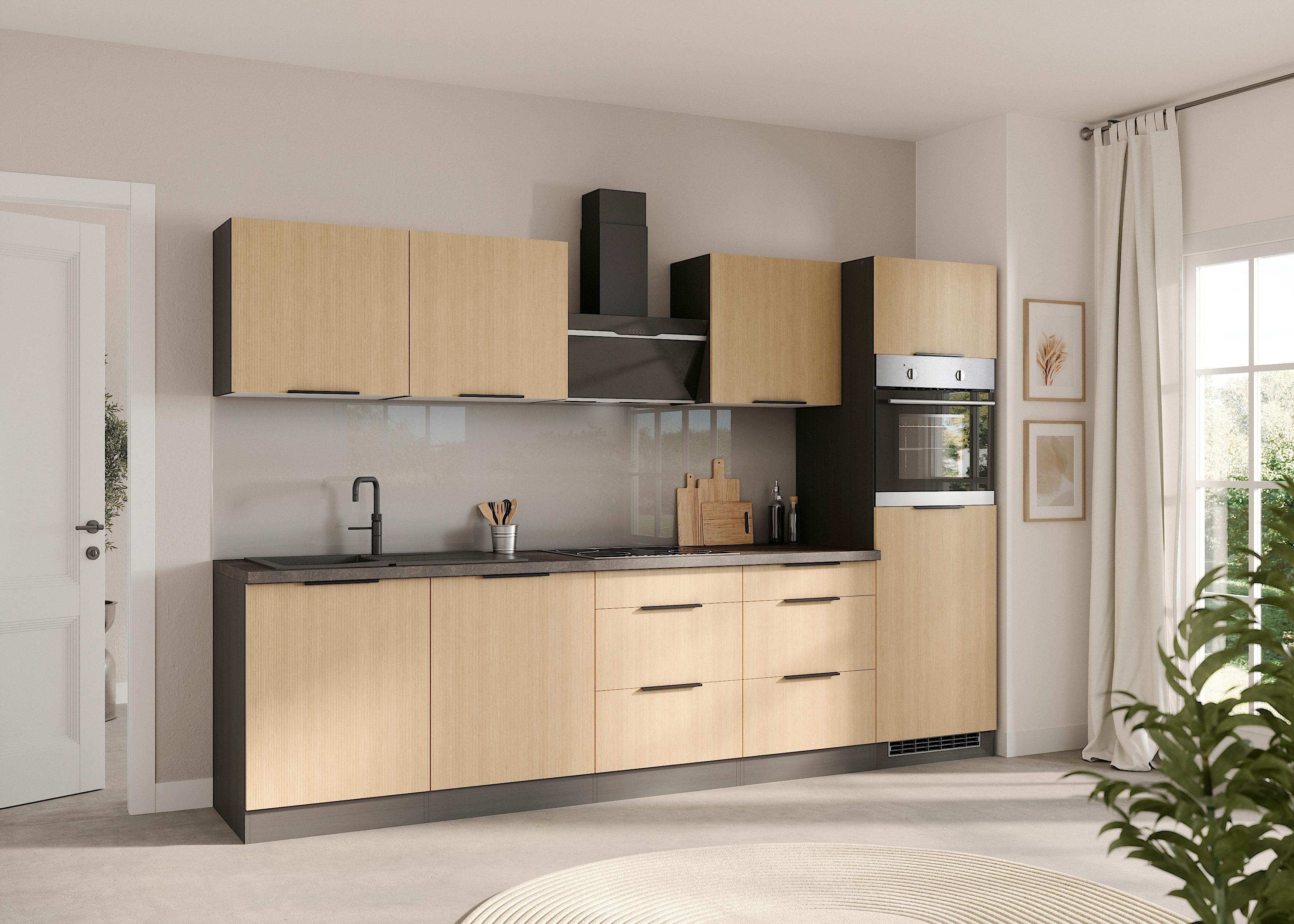 Küchenblock Glasgow m. Geräten Graphit/Eiche - Eichefarben/Graphitfarben, LIFESTYLE, Holzwerkstoff/Metall (300cm) - Held