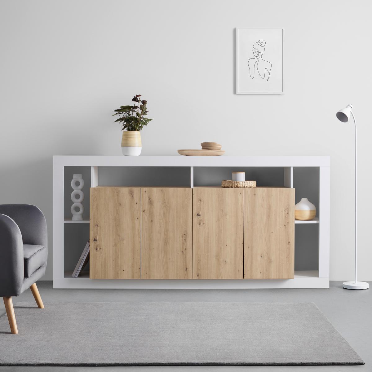 Sideboard Amarito in Weiss HG/Eiche Artisan - Weiss Hochglanz/Eiche Artisan, Konventionell, Holzwerkstoff (210/101/42cm) - Mömax