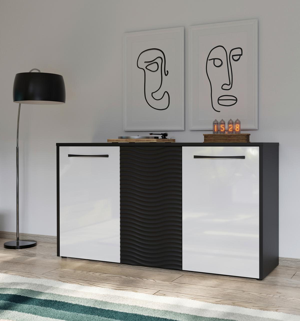Komoda Karlshamn - bijela visoki sjaj/crna, Moderno, drvni materijal/metal (164,2/88,8/42cm) - Premium Living