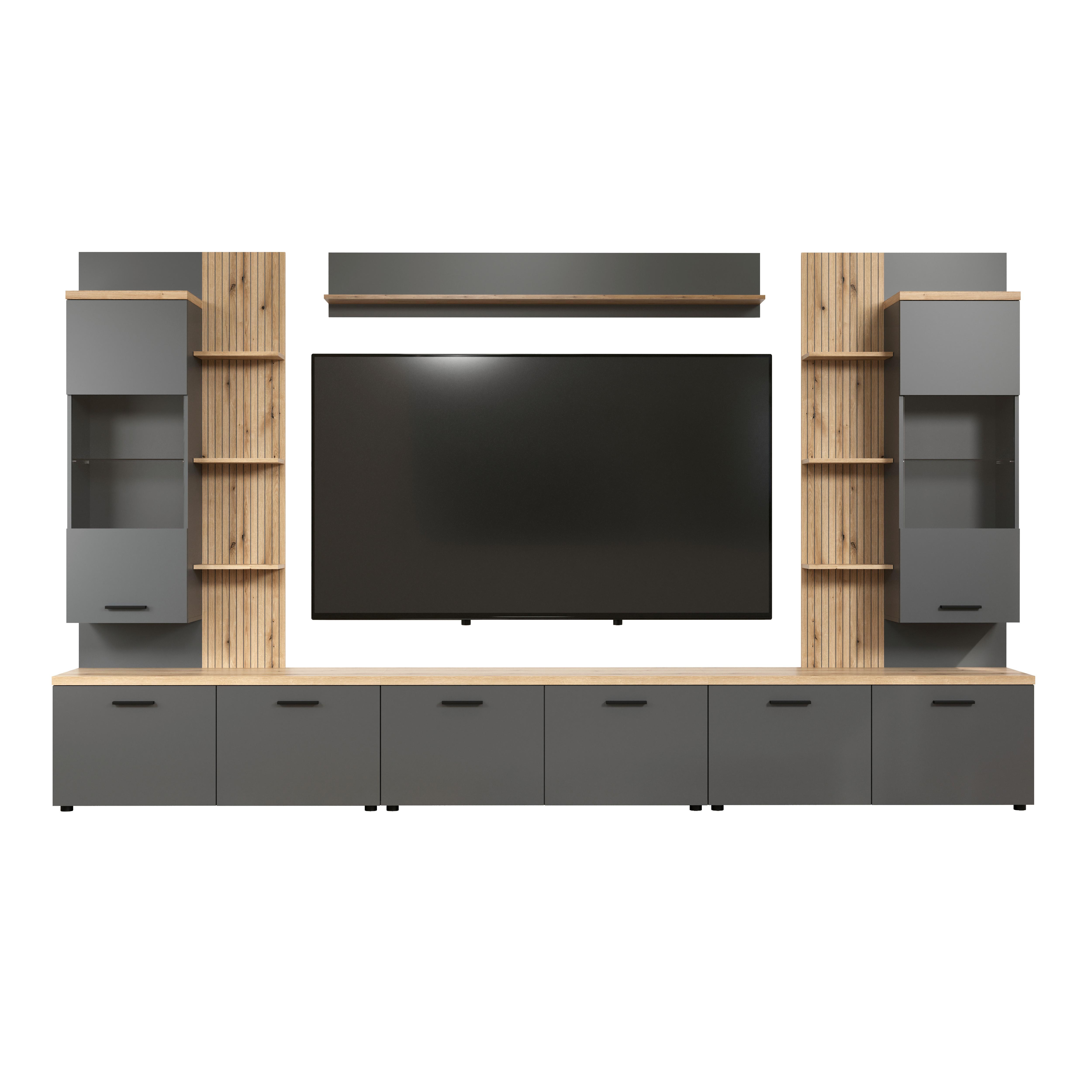 WOHNWAND BAGGIO - Eichefarben/Anthrazit, Design, Glas/Holzwerkstoff (360/212/40cm) - MID.YOU