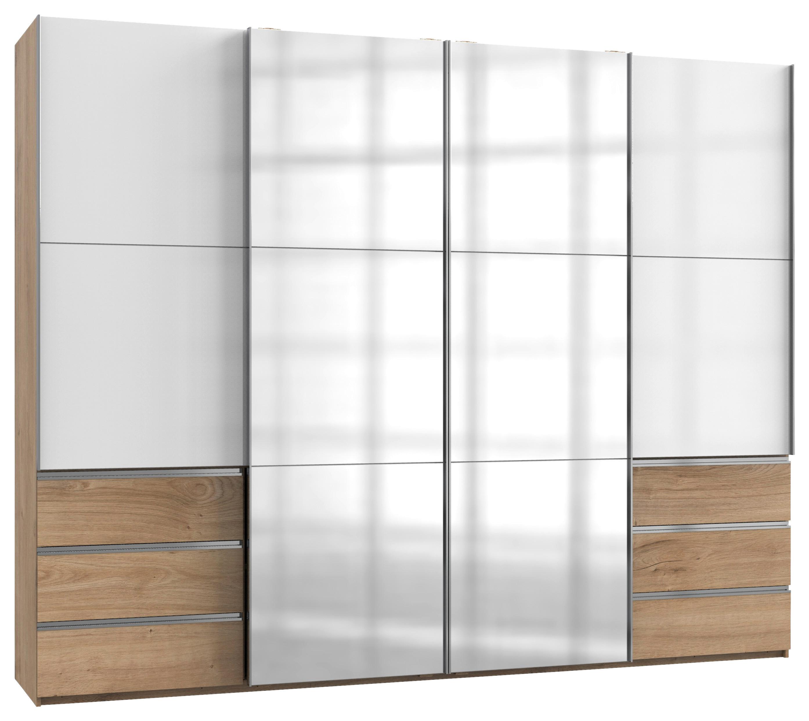 Schwebetürenschrank Level 36D ca. 300 cm Weiß/Eiche Dekor - Chromfarben/Weiß Hochglanz, MODERN, Holzwerkstoff/Metall (300/236/65cm) - MID.YOU