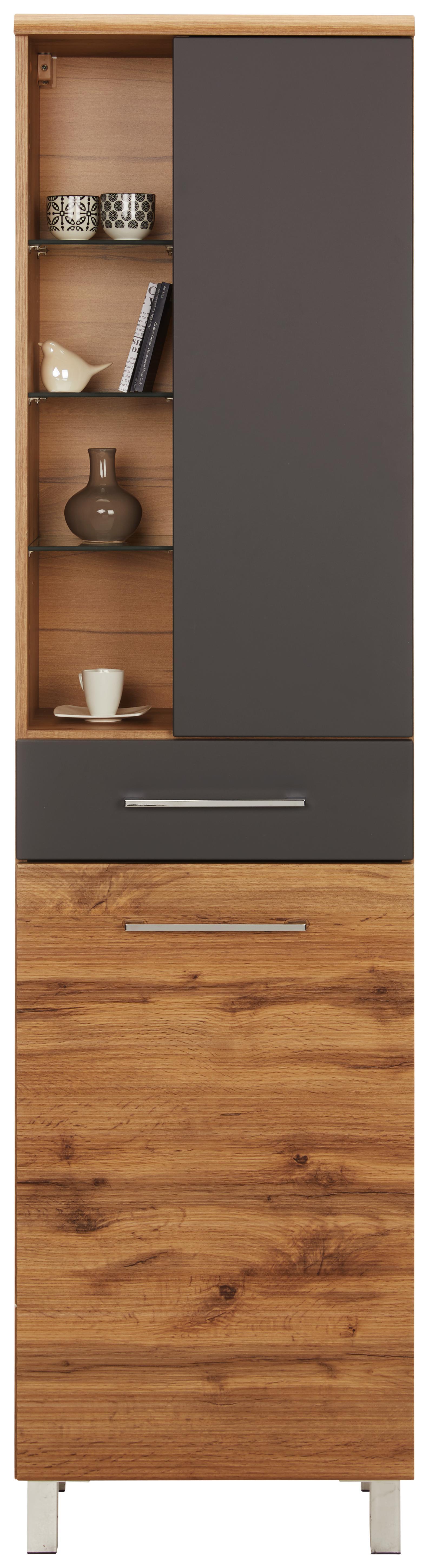 Hochschrank Anthrazit/Eichefarben - Chromfarben/Eichefarben, MODERN, Glas/Holzwerkstoff (50/194/33cm) - Premium Living
