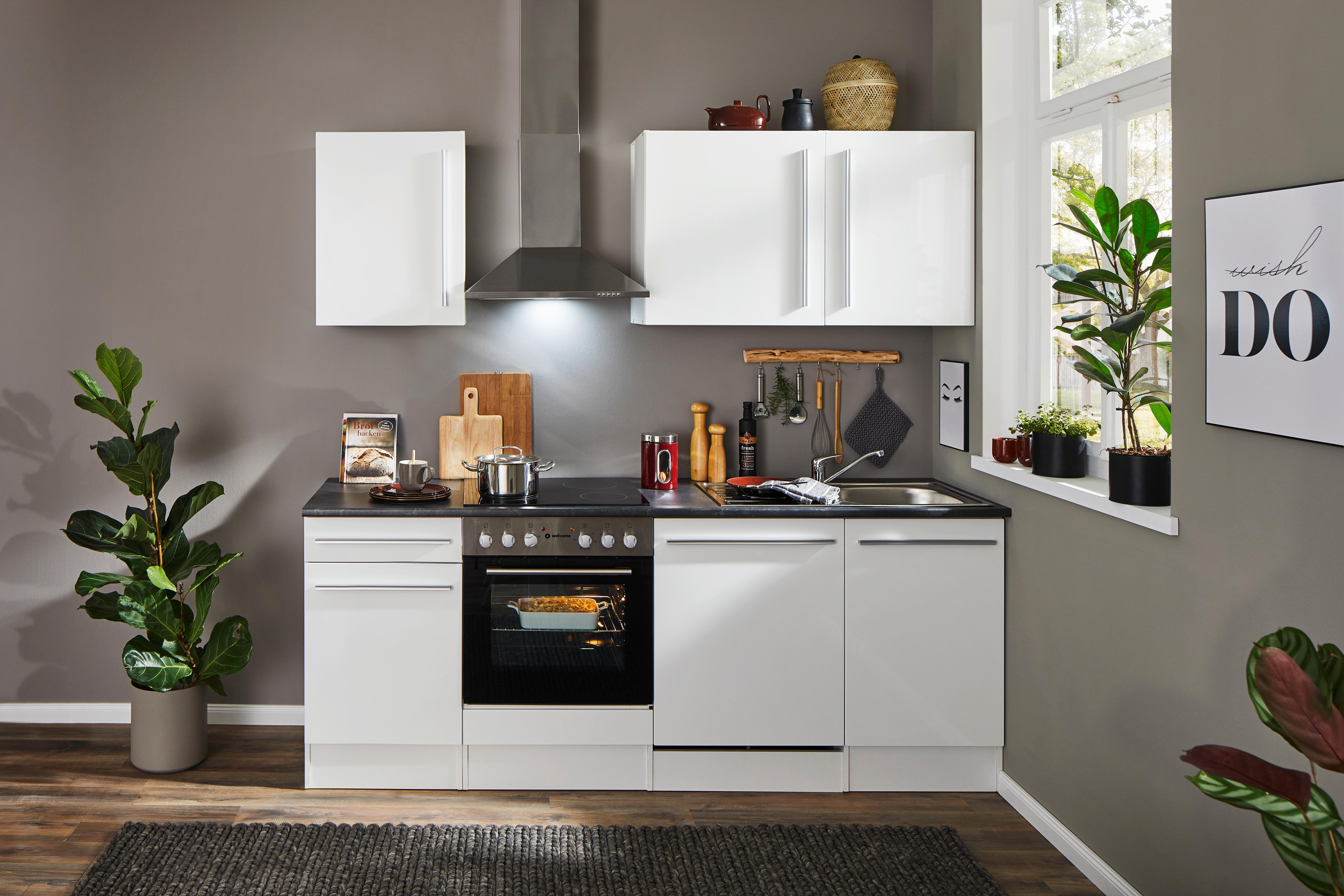 Küchenblock Jazz mit Geräten ca.220cm Weiß Hochglanz - Weiß Hochglanz/Dunkelgrau, LIFESTYLE, Holzwerkstoff/Kunststoff (220cm) - P & B