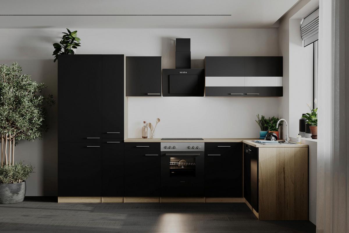 Eckküche Merle o. Geräte ca. 310x172cm Schwarz - Edelstahlfarben/Eichefarben, Basics, Holzwerkstoff/Metall (310/172cm) - Respekta