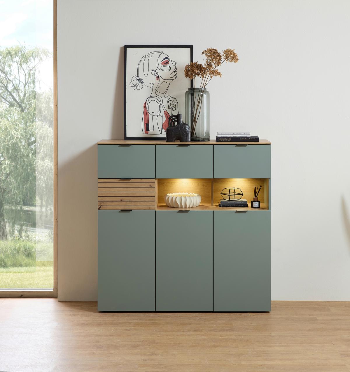 Highboard Memphis Grün/Eiche Artisan - Schwarz/Eiche Artisan, MODERN, Holzwerkstoff/Metall (125/125/45cm) - Premium Living
