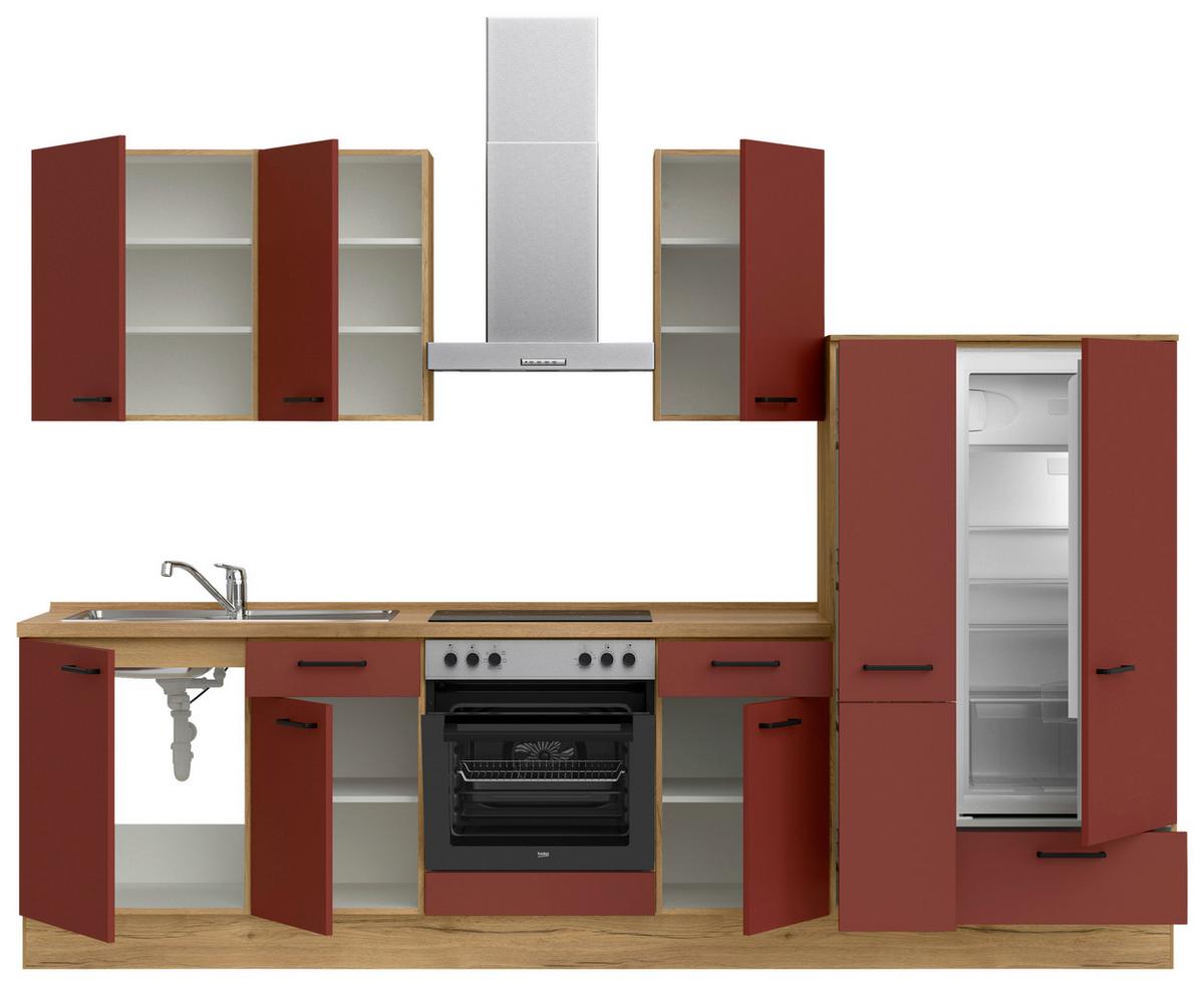 Küchenblock Easytouch Low m. Geräten Dunkelrot - Eichefarben/Schwarz, MODERN, Holzwerkstoff/Metall (300cm) - Nobilia