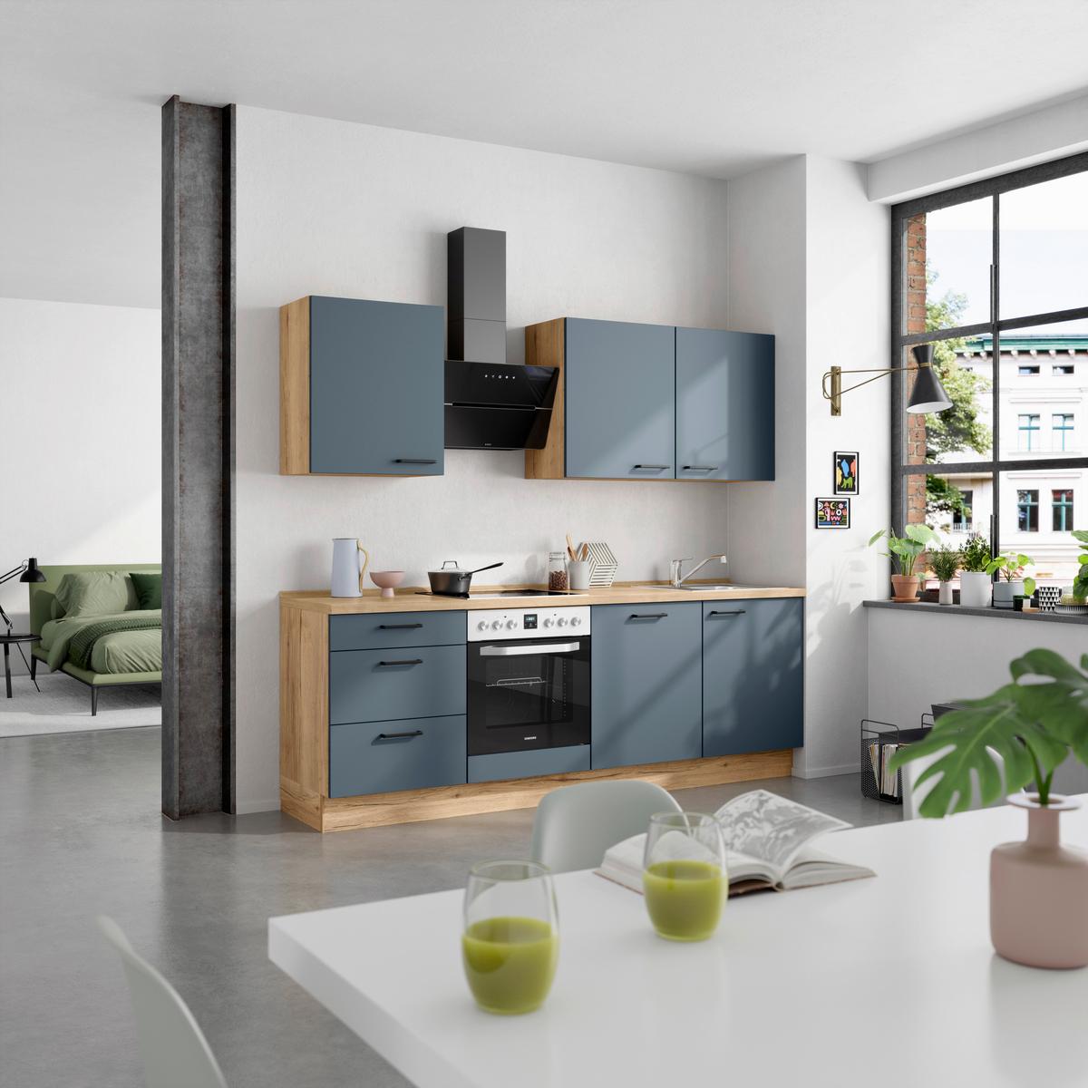 Küchenblock Easytouch High m. Geräten Dunkelblau - Eichefarben/Schwarz, MODERN, Holzwerkstoff/Metall (240cm) - Nobilia