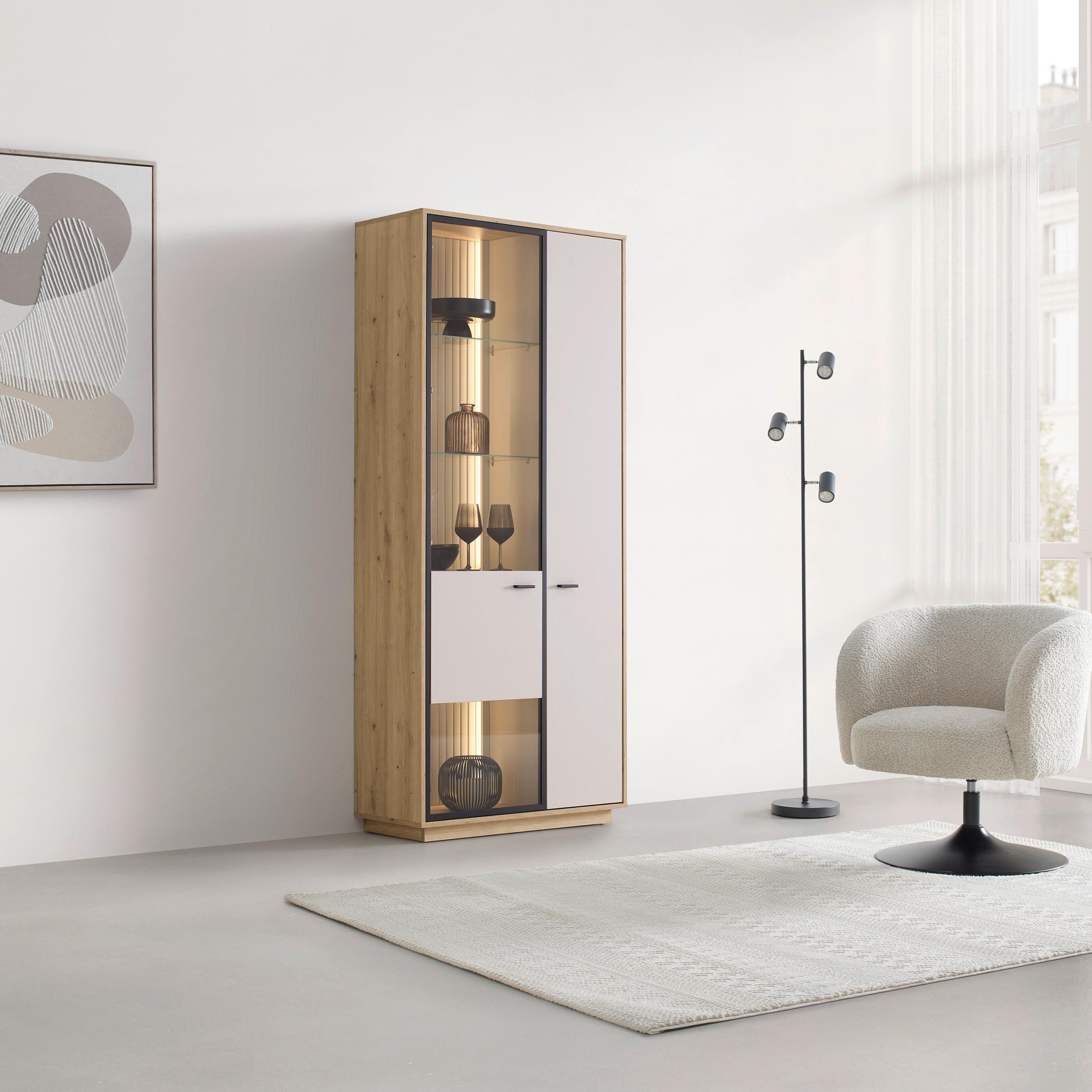 Vitrine Cremona Kaschmir/Eiche Artisan - Kaschmir/Schwarz, MODERN, Glas/Holzwerkstoff (85/200/38cm) - Premium Living