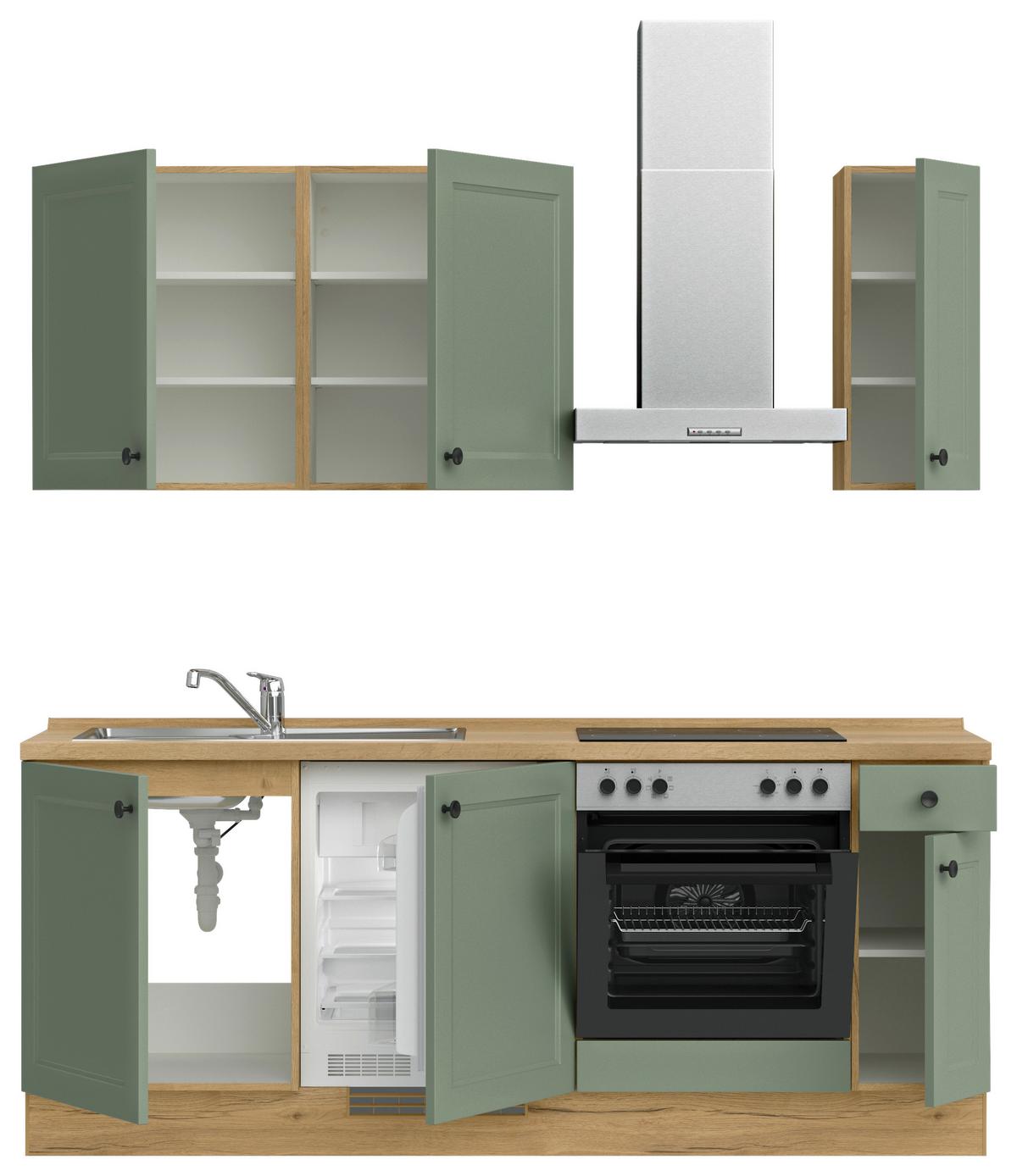 Küchenblock Cascada Low m. Geräten Schilfgrün - Schilfgrün/Eichefarben, MODERN, Holzwerkstoff/Metall (210cm) - Nobilia