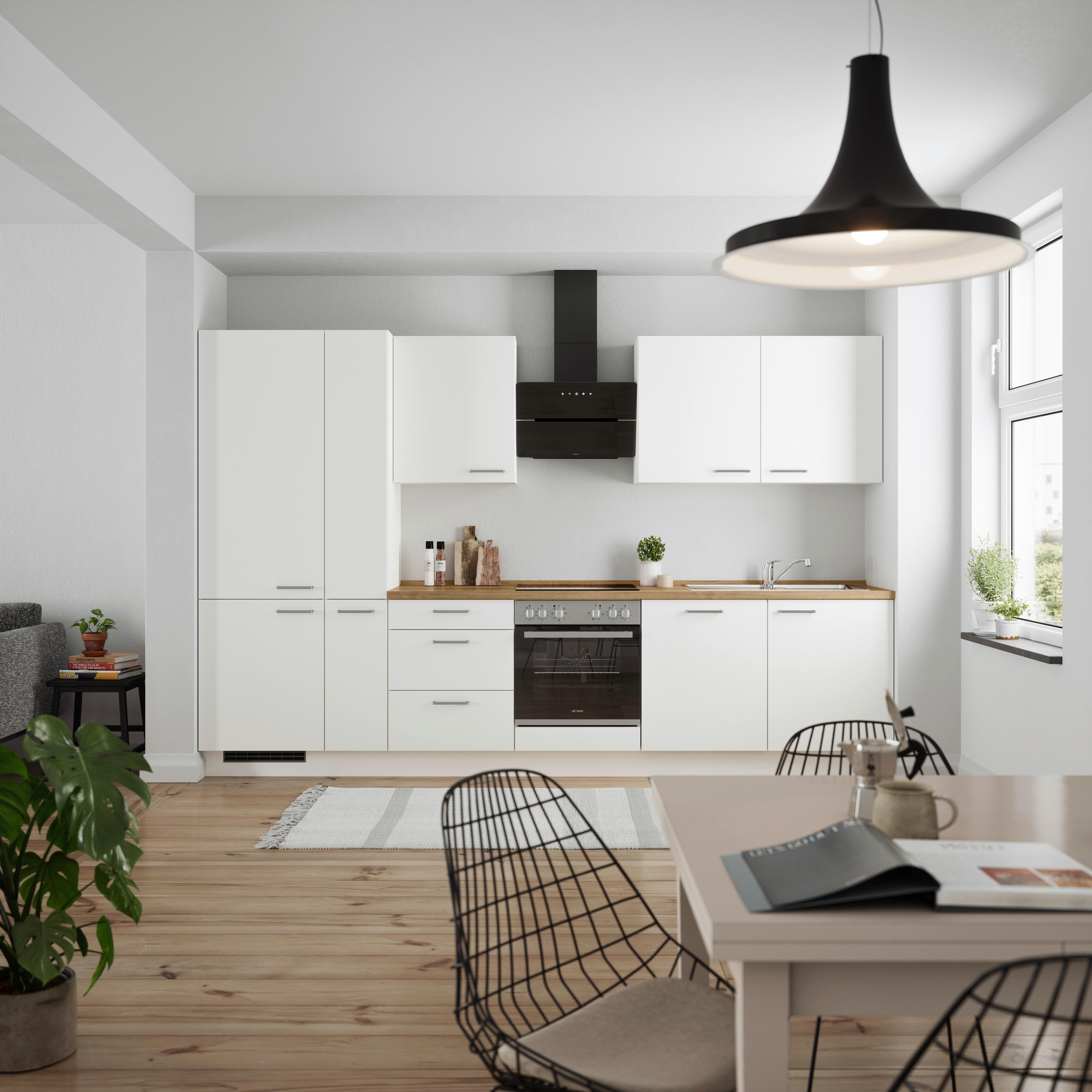 Küchenblock Touch High m. Geräten Weiß - Edelstahlfarben/Eichefarben, MODERN, Holzwerkstoff/Metall (330cm) - Nobilia