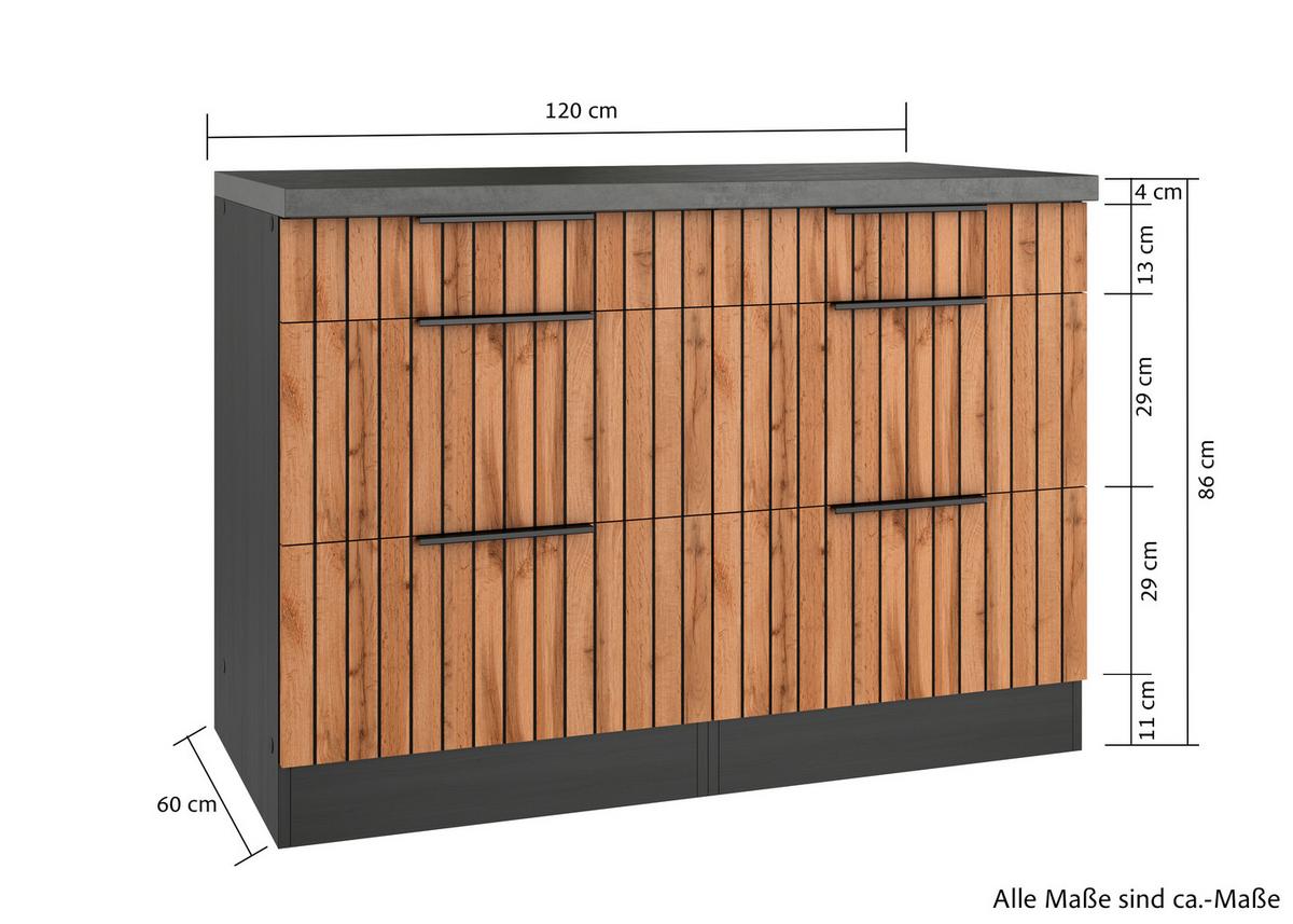 Schubkastenunterschrank Liverpool Eiche/Graphitfarben - Schieferfarben/Eiche Wotan, Basics, Holzwerkstoff/Metall (120/85/60cm) - Held