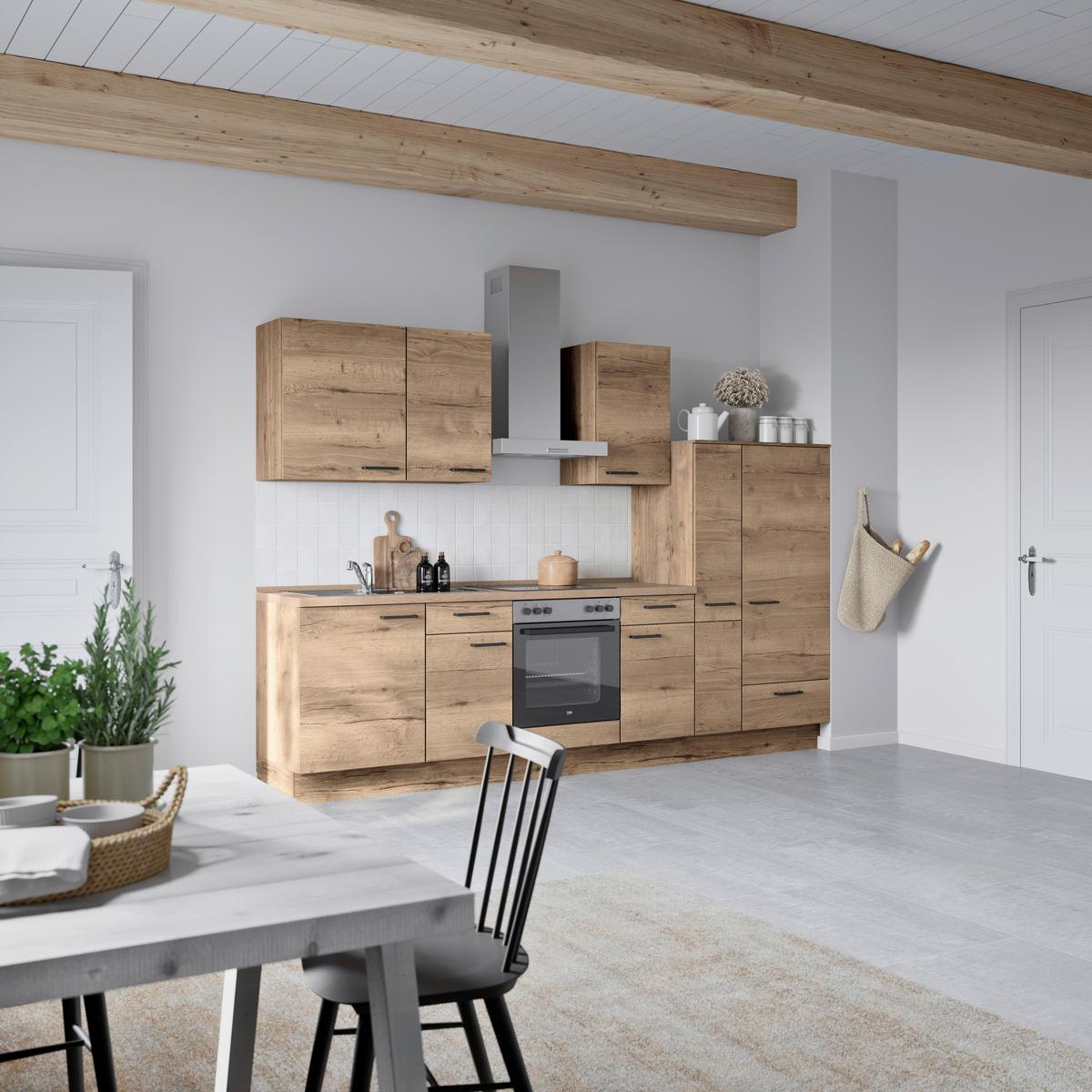 Küchenblock Structura Low m. Geräten Eiche dunkel - Eiche dunkel/Eichefarben, MODERN, Holzwerkstoff/Metall (300cm) - Nobilia