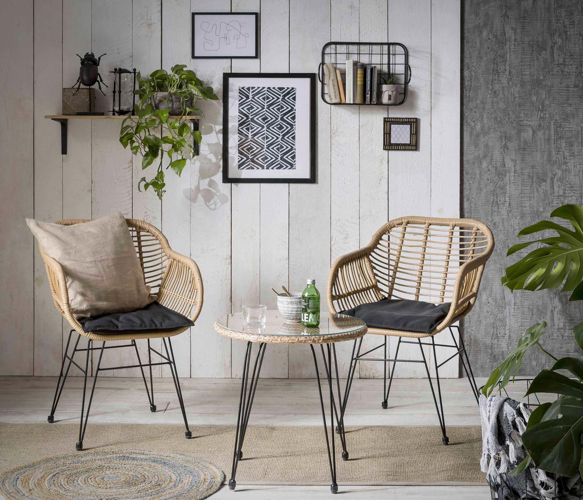 Gartenset 3-tlg. Naturfarben/Schwarz - Klar/Schwarz, Design, Glas/Kunststoff - Gardenson