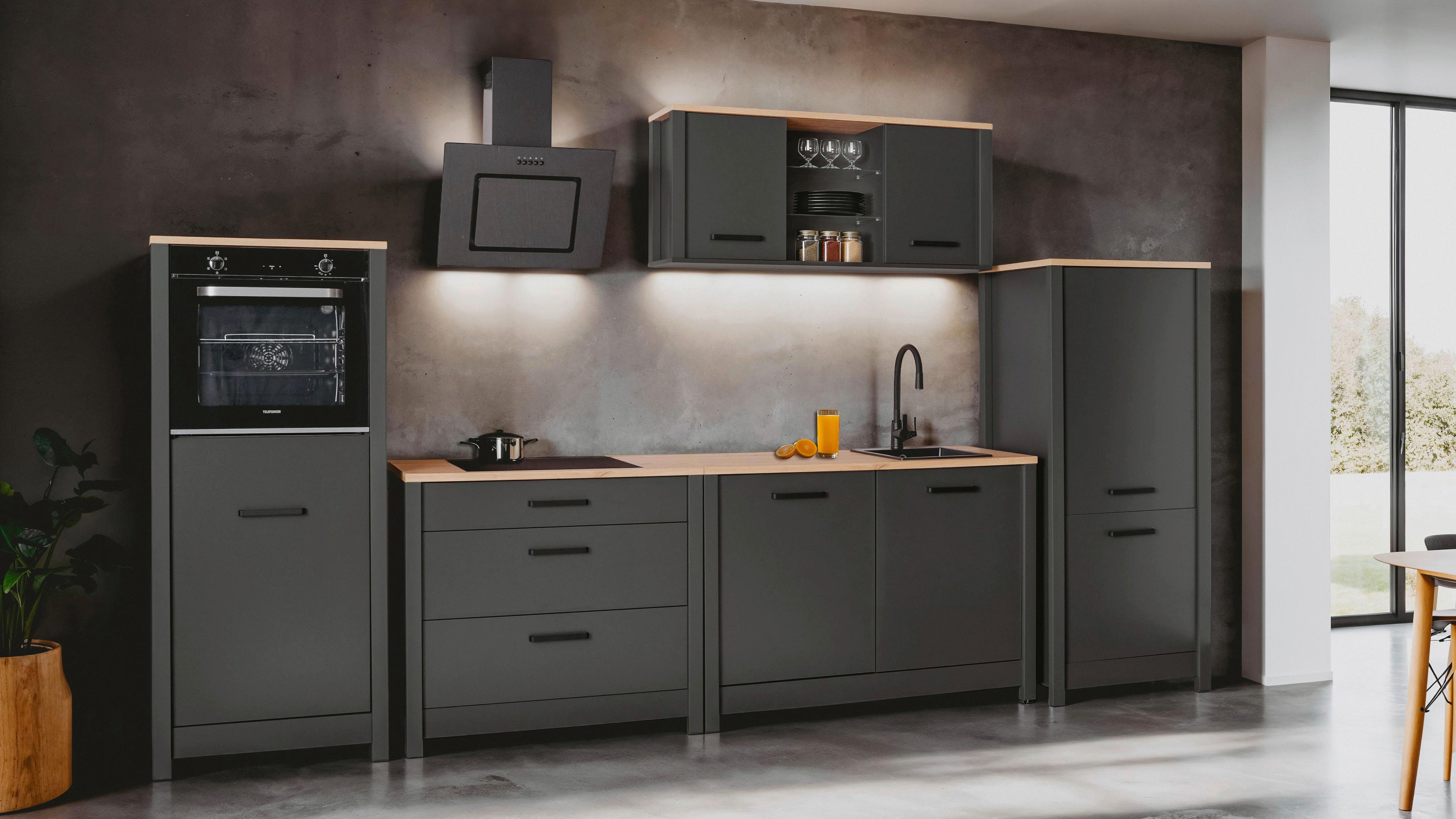 Küchenleerblock Bundle 6 o. Geräte Anthrazit - Anthrazit/Schwarz, MODERN, Glas/Holzwerkstoff (370cm) - home24