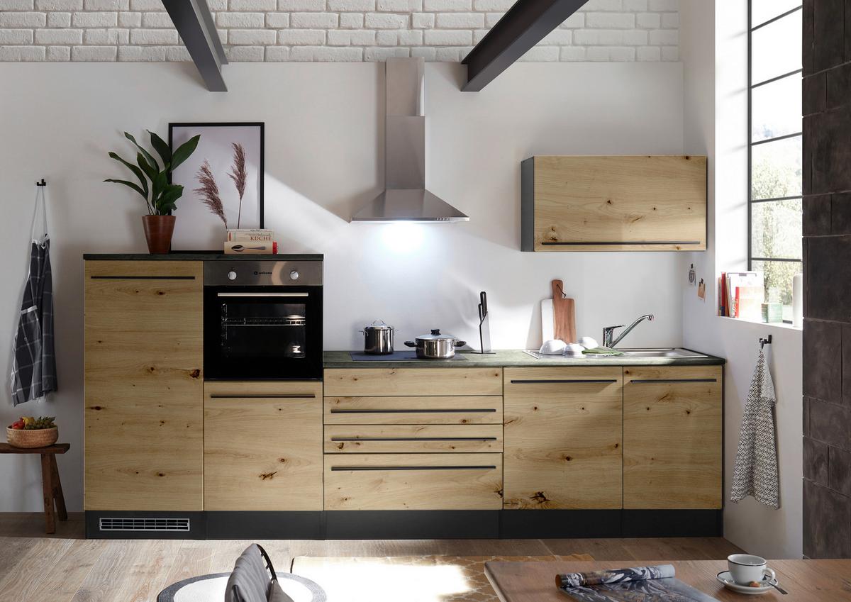 Küchenblock Jazz mit Geräten ca.320 cm Eiche/Anthrazit - Anthrazit/Schwarz, Basics, Holzwerkstoff/Kunststoff (320cm) - P & B