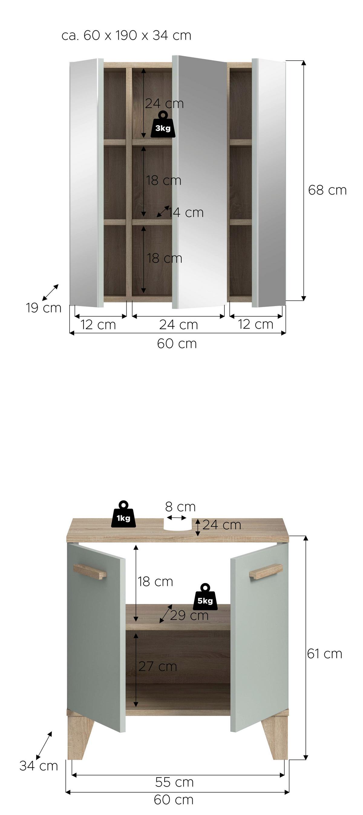 Badezimmer Star 2-tlg. ca. 60 cm Eiche/Graugrün - Graugrün/Eiche San Remo, MODERN, Holzwerkstoff/Kunststoff (60cm) - MID.YOU