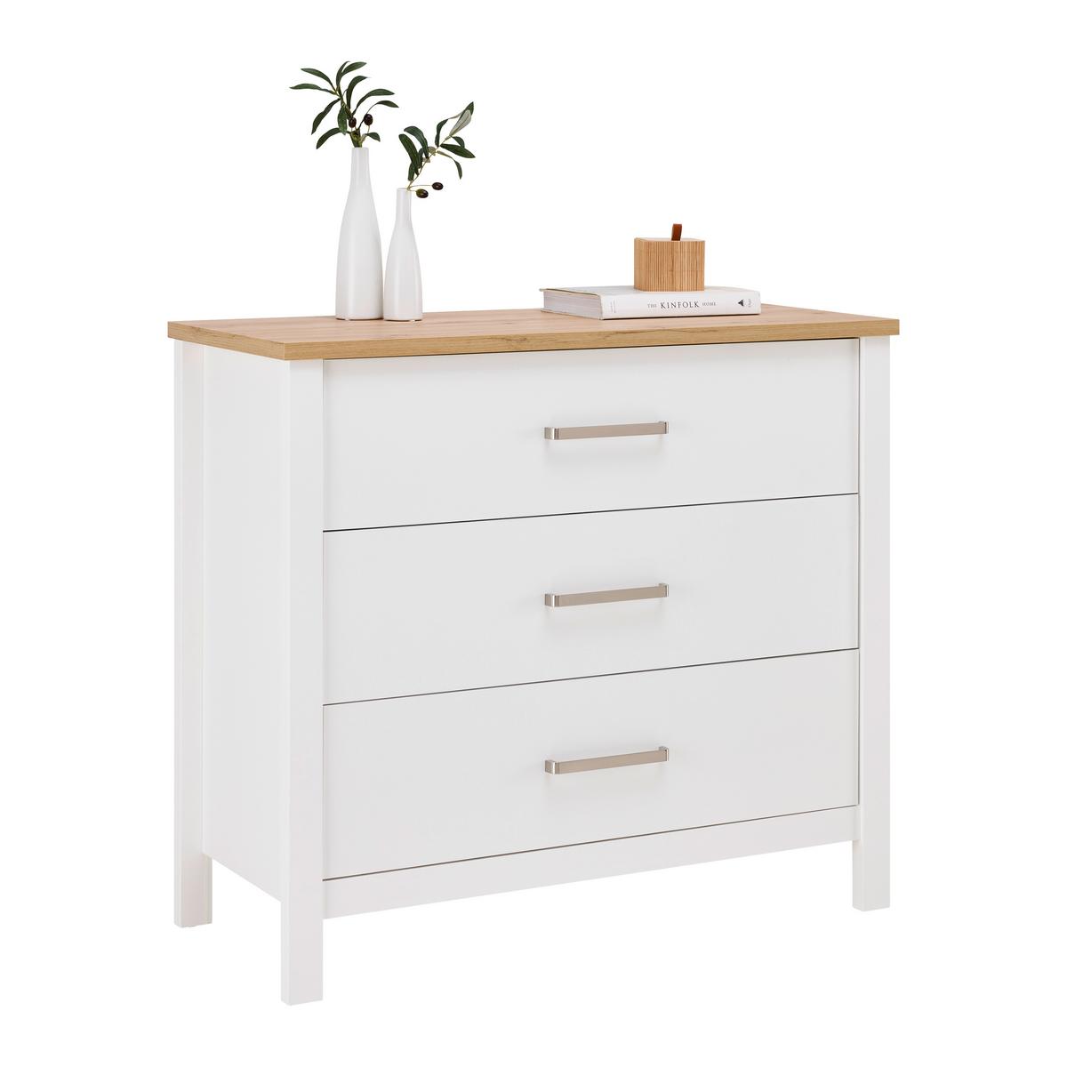 Kommode Sicilia Weiß/Eiche - Silberfarben/Weiß, ROMANTIK / LANDHAUS, Holzwerkstoff/Metall (103/92/45cm) - Mömax