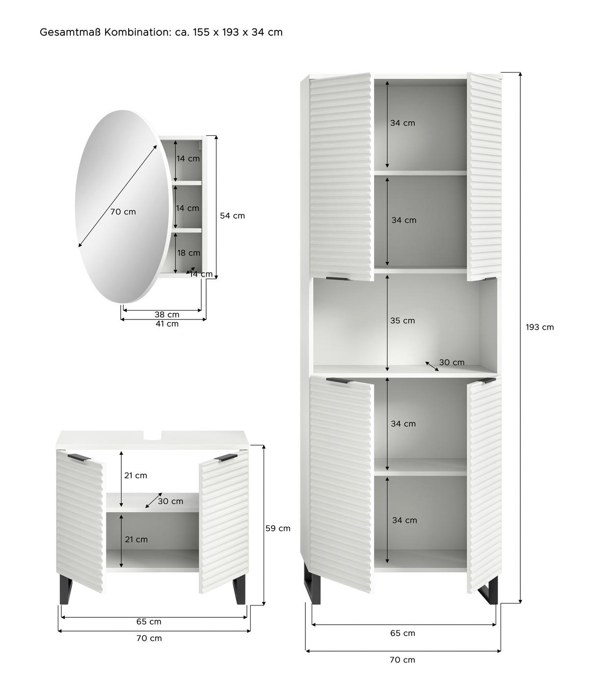 Badezimmer Riff 3-tlg. ca. 140 cm Weiß/Schwarz - Schwarz/Weiß, MODERN, Holzwerkstoff/Metall (140cm) - MID.YOU