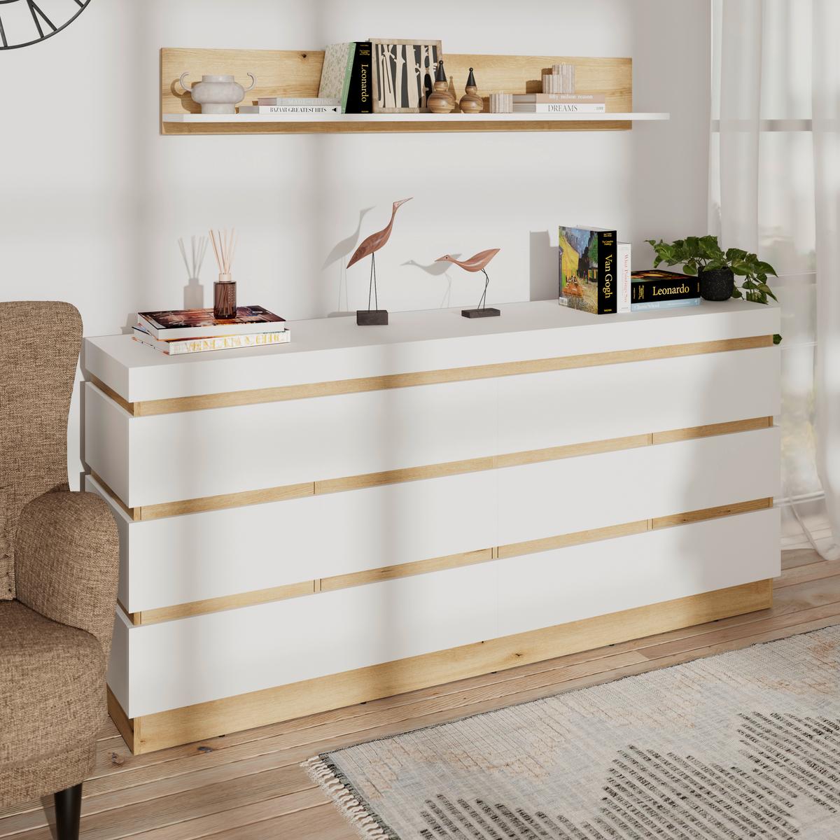 Comodă cu uși CALABRIA - alb/culoare lemn stejar, Trend, material pe bază de lemn (201,2/92,5/45cm) - Modern Living
