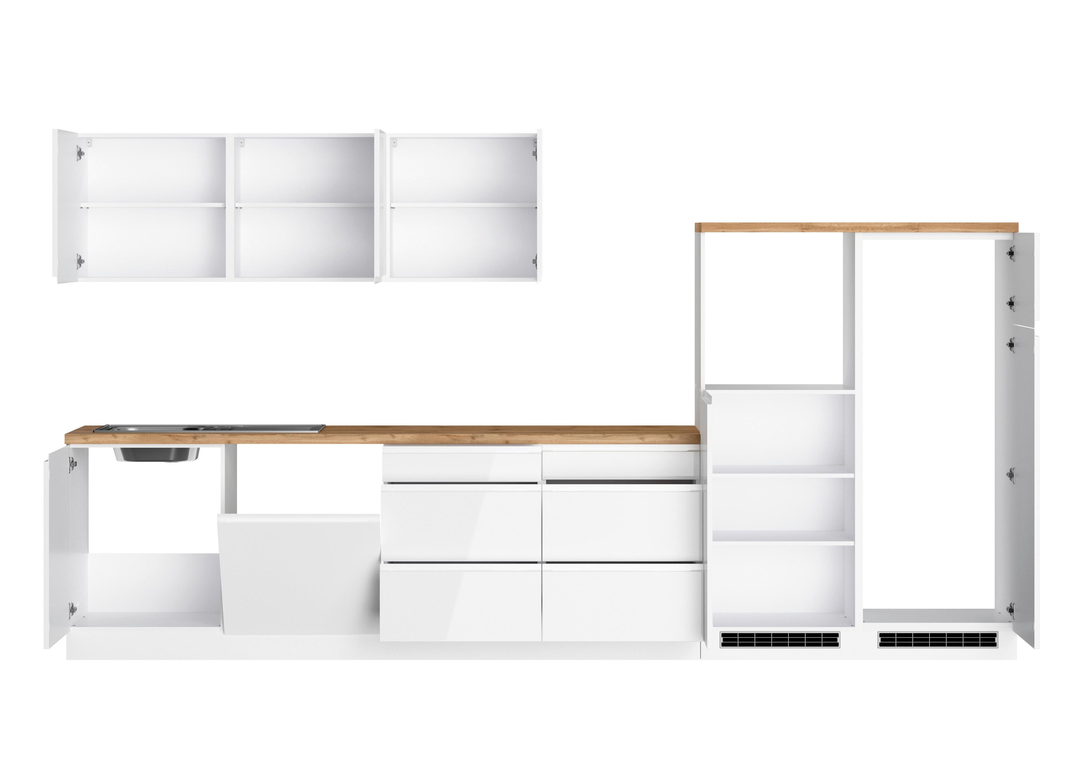 Küchenzeile Monza ohne Geräte ca. 360 cm Weiß/Eiche + Spüle - Weiß Hochglanz/Eiche Wotan, LIFESTYLE, Holzwerkstoff (360cm) - Held