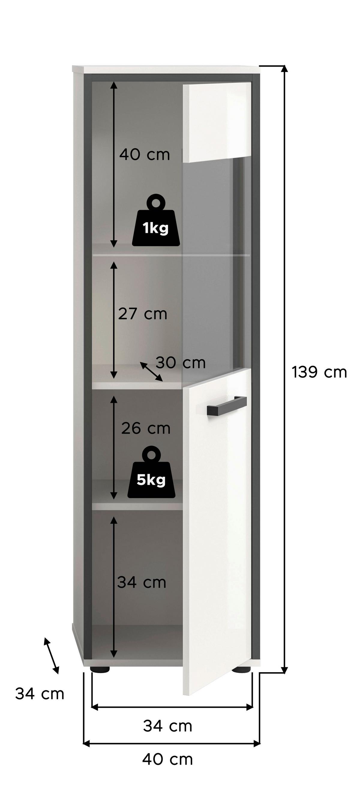 Midischrank Kojak Weiß/Anthrazit - Weiß Hochglanz/Schwarz, MODERN, Glas/Holzwerkstoff (40/139/34cm) - MID.YOU