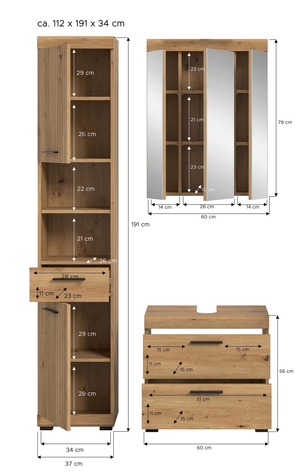Badezimmer Scout Eiche Artisan 3-teilig - Schwarz/Eiche Artisan, Trend, Glas/Holzwerkstoff (97cm) - MID.YOU