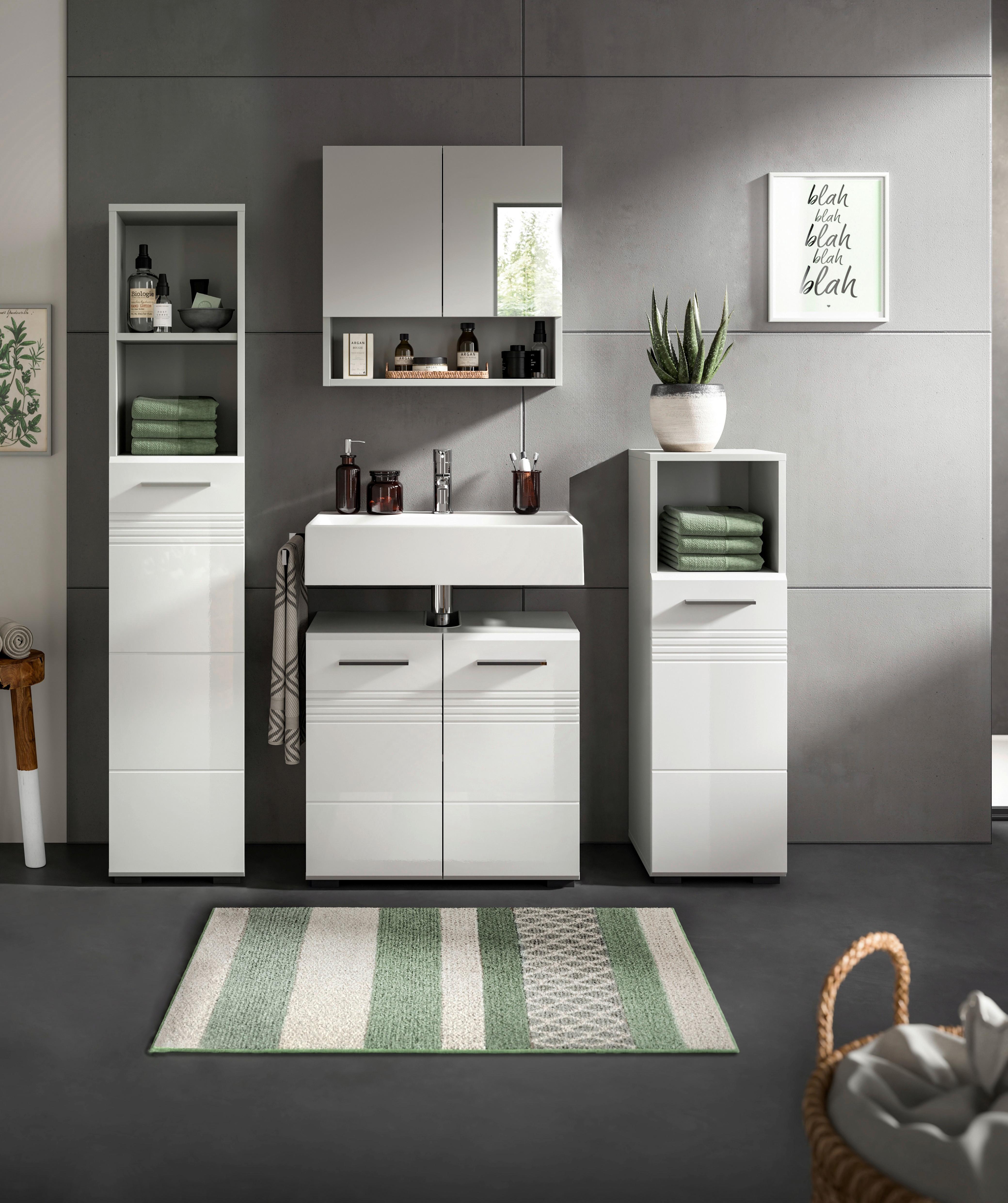 Badezimmer-Set COPA 4-teilig, Grau/Weiß Hochglanz - Chromfarben/Weiß Hochglanz, MODERN, Holzwerkstoff/Kunststoff (120cm) - MID.YOU