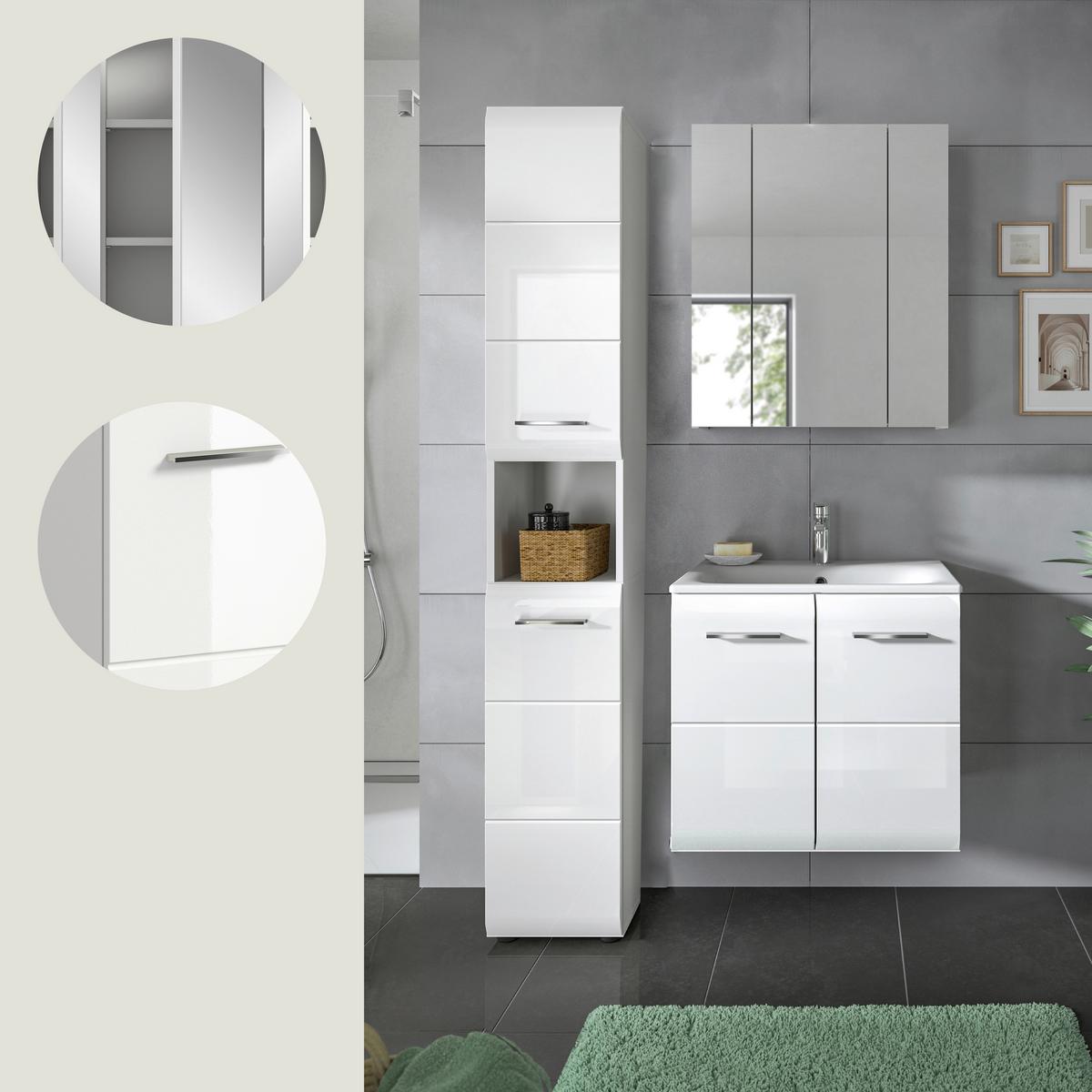 Badezimmer Ice 3-tlg. ca. 90 cm Weiß - Weiß Hochglanz/Silberfarben, MODERN, Keramik/Holzwerkstoff - MID.YOU