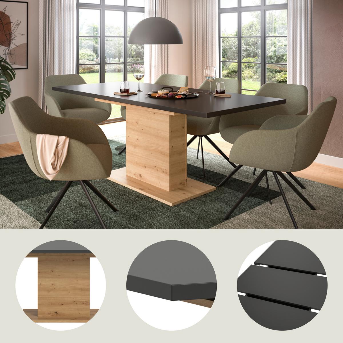 Raztegljiva Miza Marlon, Siva, Barva Hrasta, 150-190x90cm - siva/hrast artisan, Konvencionalno, leseni material (150-190/90/76cm) - MID.YOU