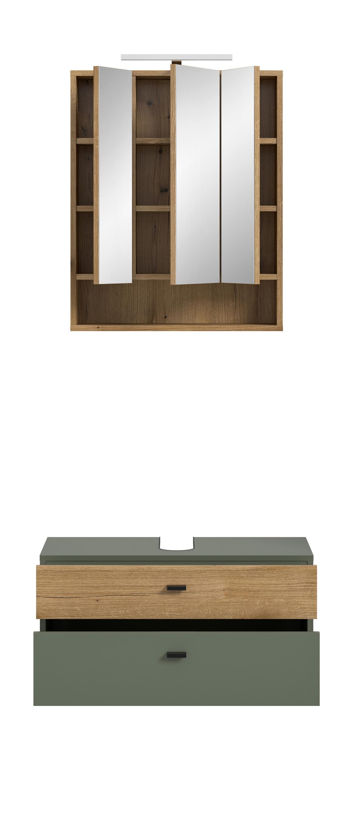Badezimmer AQUA Grün, Eichefarbn 2-teilig - Eichefarben/Schwarz, Trend, Glas/Holzwerkstoff (75cm) - MID.YOU