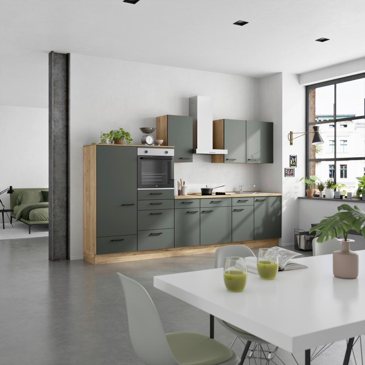 Küchenblock Easytouch Low m. Geräten Dunkelgrün - Dunkelgrün/Eichefarben, MODERN, Holzwerkstoff/Metall (330cm) - Nobilia