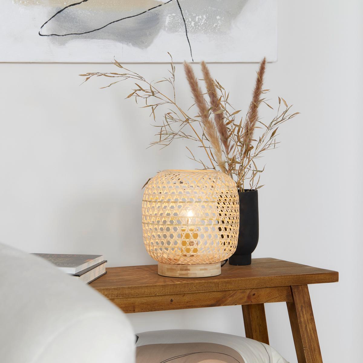 Lampa stołowa MIRENA naturalny, ok. 23,5x27 cm - kolor naturalny/czarny, materiały naturalne/tkanina (23,5/27cm)
