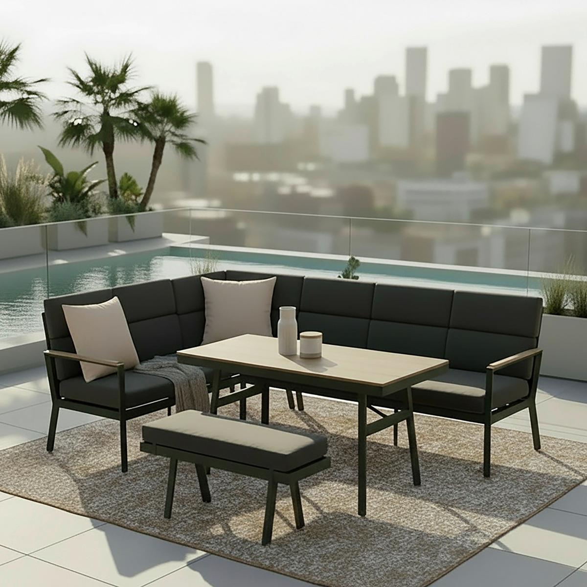 Dining-Loungeset Eleonora Dunkelgrau Metall/Outdoorstoff - Dunkelgrau/Naturfarben, MODERN, Kunststoff/Textil (263/84/77cm) - Bessagi Garden