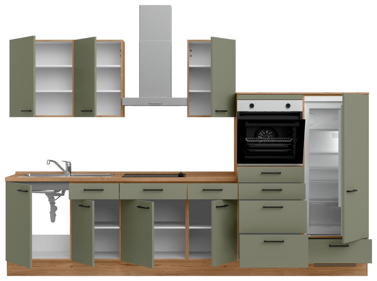 Küchenleerblock Senso Low o. Geräte Olivgrün - Eichefarben/Schwarz, MODERN, Holzwerkstoff/Metall (330cm) - Nobilia