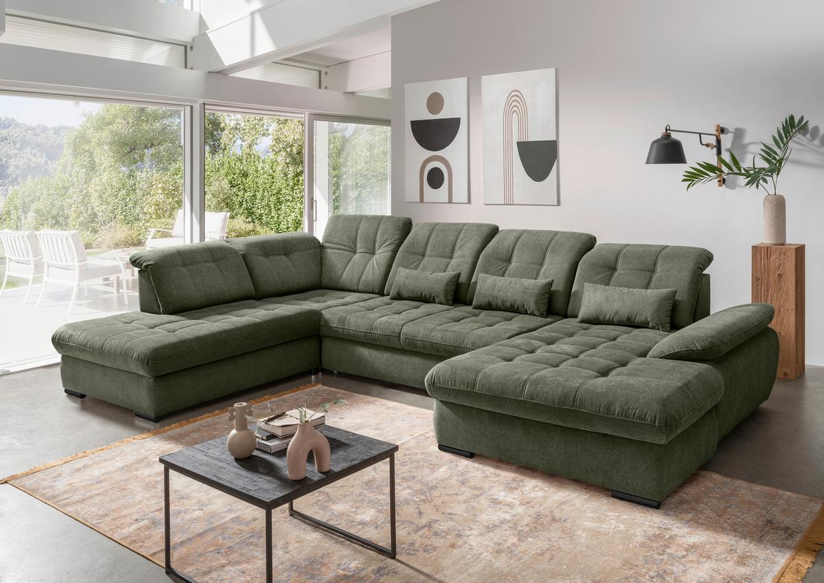 Wohnlandschaft Rigatti Dunkel Grün Chenille m. Bettkasten - Dunkelgrün/Schwarz, MODERN, Textil/Metall (252/387/184cm) - Livetastic