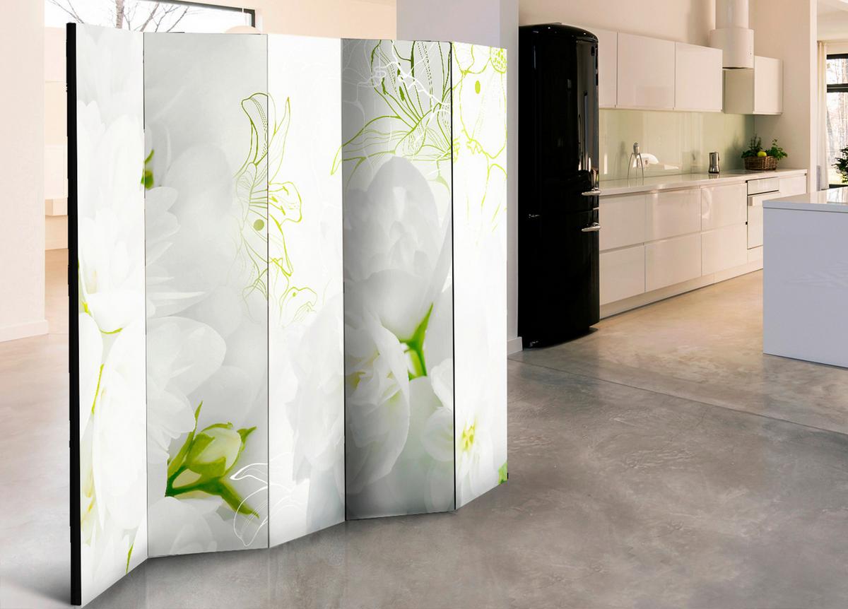 Paravan Jasmine I, 5-Delni, Enostranski - bela/svetlo zelena, Basics, tekstil/les (225/172/3cm) - artgeist